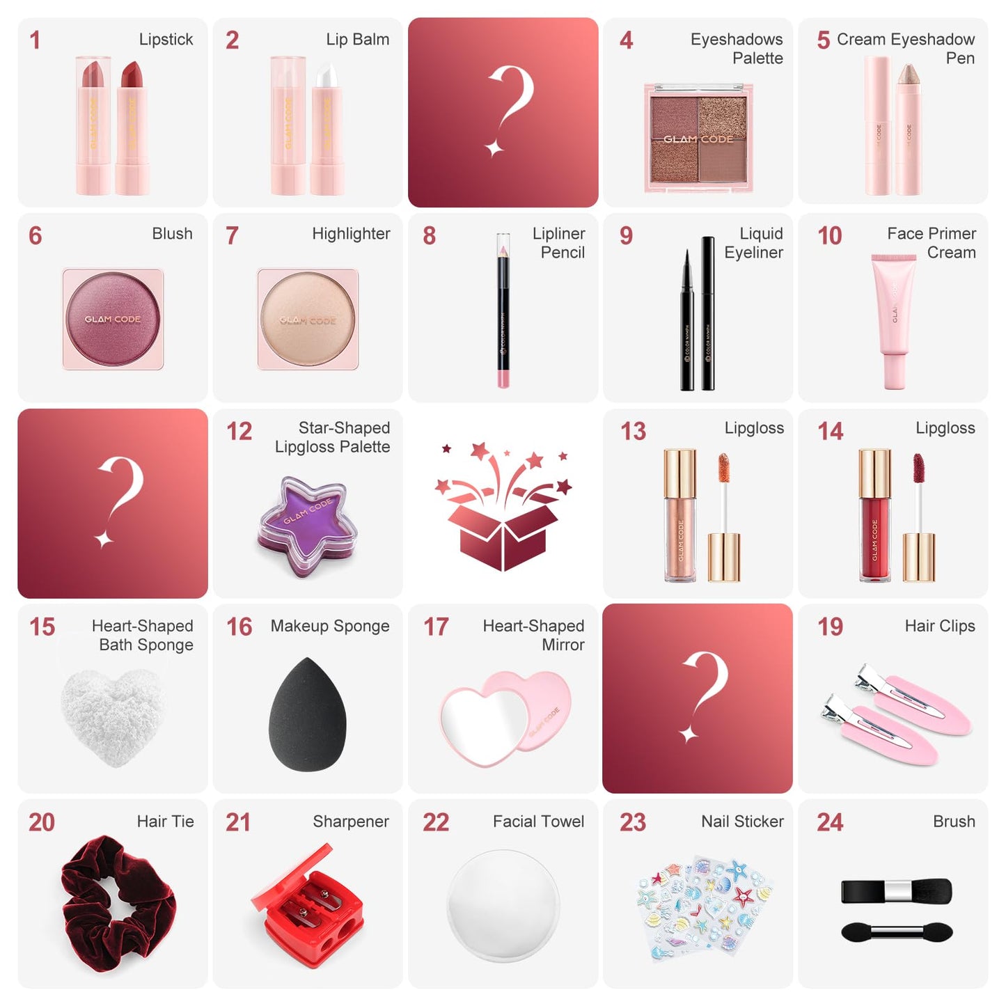 Glam Code Makeup Advent Calendar 2025, 24 Days Beauty Gift Set for Teen Girls Women - Christmas Countdown Calendar Beauty & Cosmetics Holiday Surprise Make Up Gift Kits