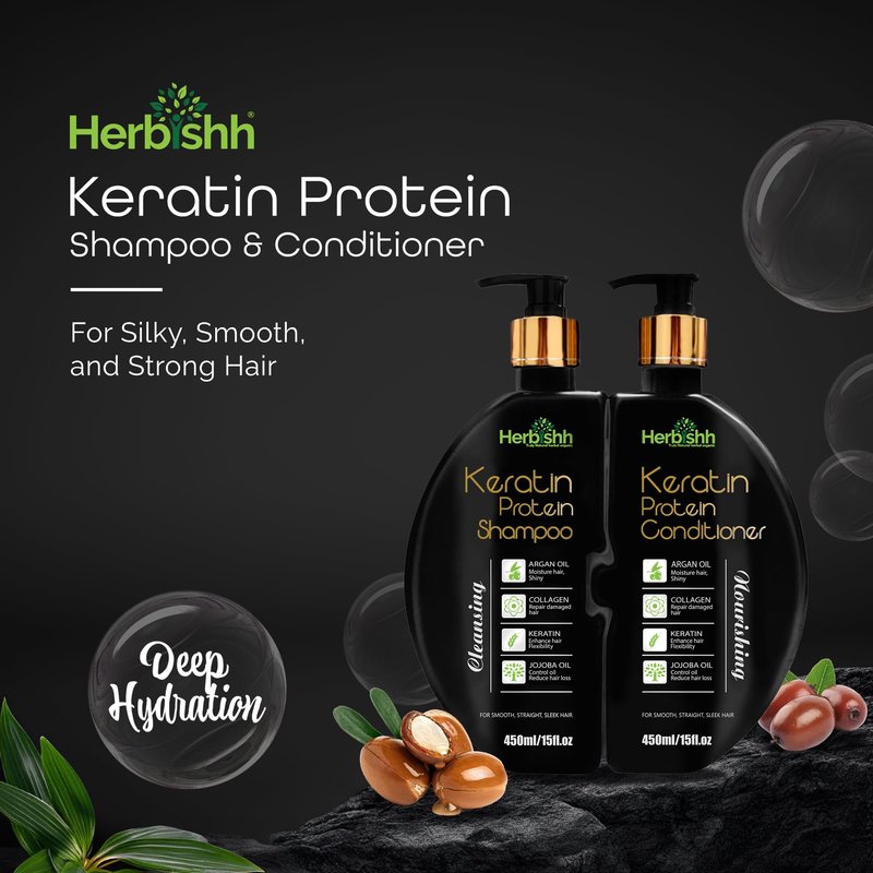 Herbishh Keratin Shampoo and Conditioner Set Anti Frizz (15 fl.oz Each) Sulfate and Paraben Free Shampoo and Conditioner Hydrating & Nourishing Enriched For Colored Treated Dry, Damaged and Dull Hair