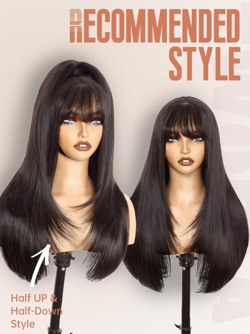 Twobla 26 Inch Natural Black Wig With Bangs | Long Black Straight Layered Synthetic Wig for Women | Heat Resistant, Realistic Scalp, Freestyle Parting | Wear & Go, No Glue Needed | Cosplay & Daily Use