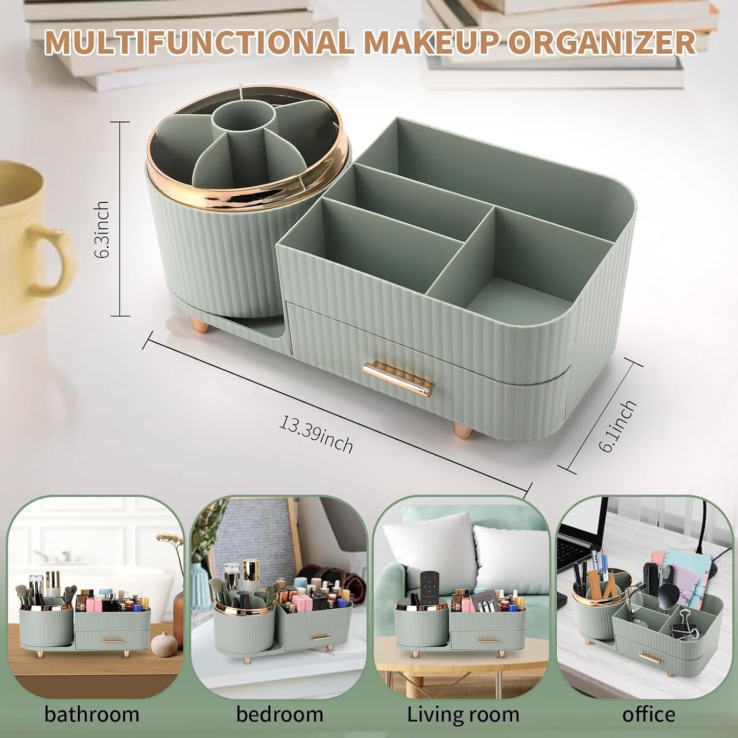 Makeup Organizer - Versatile Vanity Storage Case with Drawers | Fits Cosmetics, Skincare, Brushes & Accessories - Green