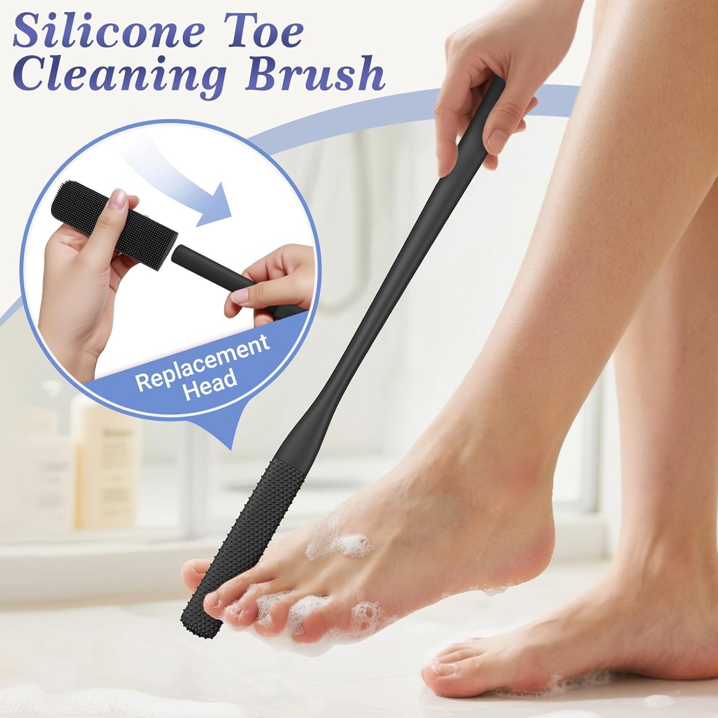 Silicone Back Scrubber Set - 8 PCS Body & Foot Cleaning Brushes | Scalp Massager & Shower Tools with 4 Hooks - Black