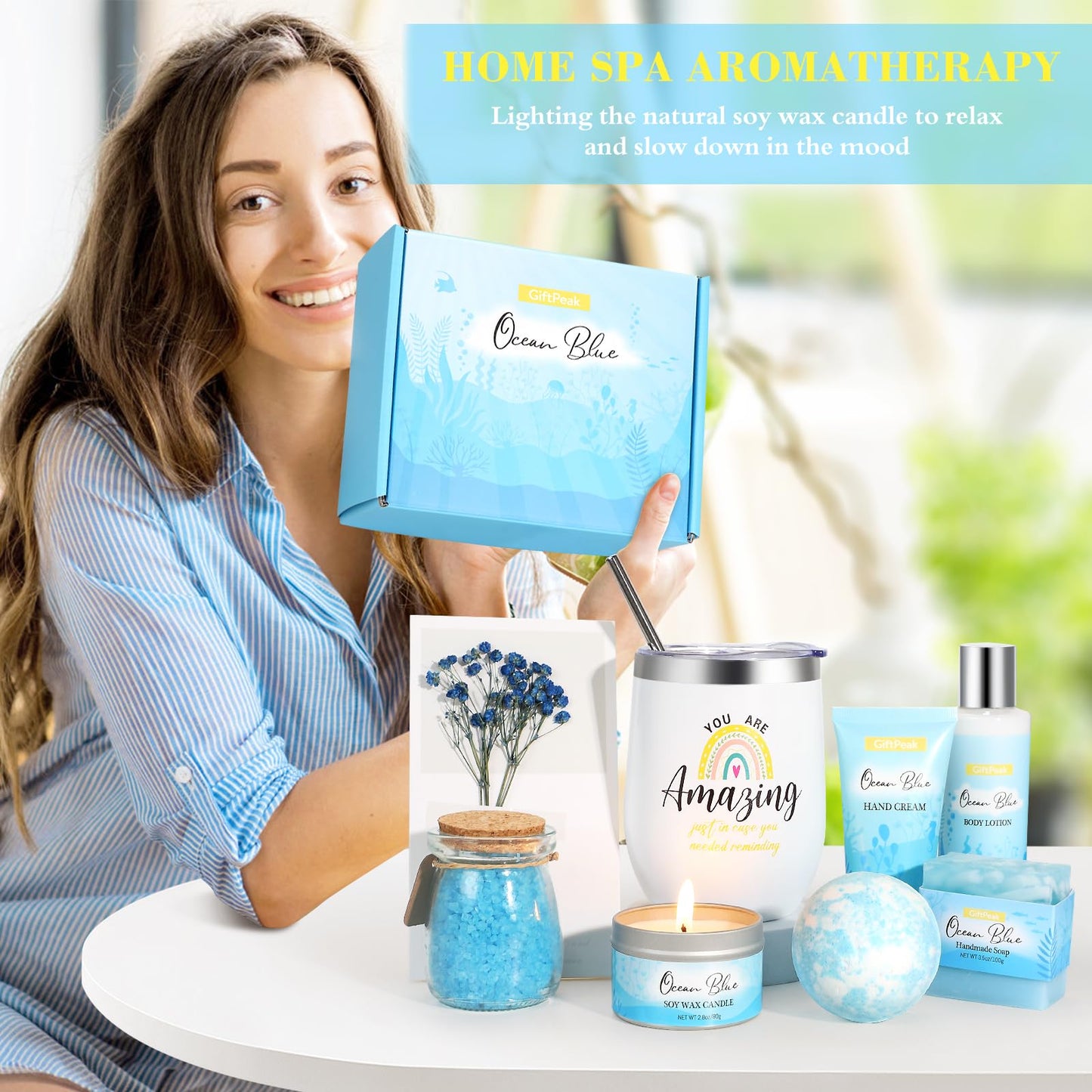 Birthday Gifts for Women, Ocean Scented Relaxing Spa Gift Baskets for Women Mom Her Wife Sister Friends Coworker Employee, Self Care Bath and Body Gift Set for Mothers Day Birthday Inspirational Gift