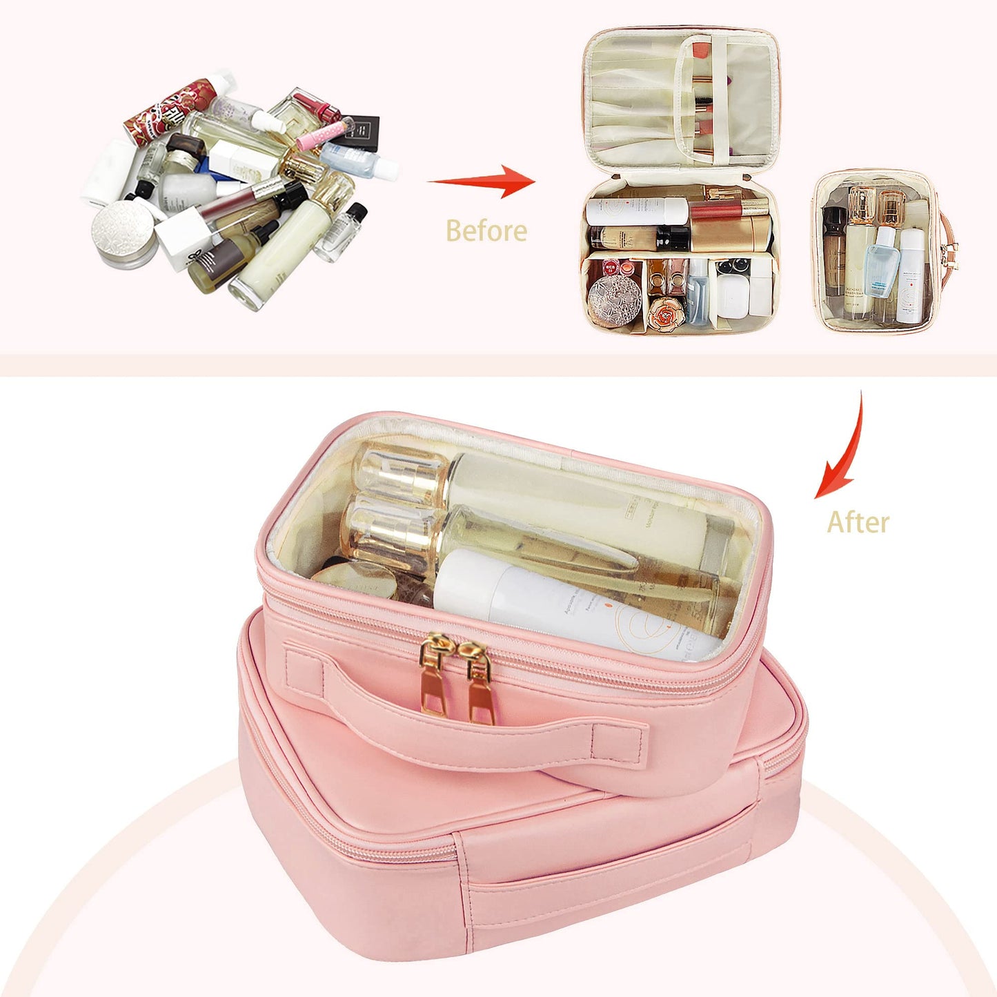 Ebbniur Makeup Bag, 2 PCS PU Leather Cosmetic Bags, Portable Travel Makeup Case, Large Makeup Organizer with Clear Makeup Bag for Women (Pink)