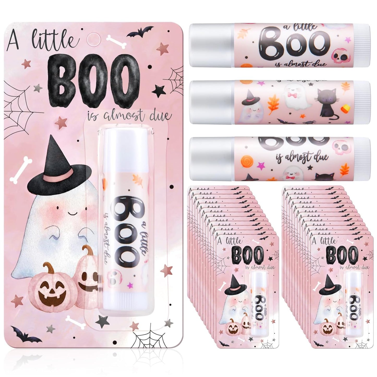 Halloween Baby Shower Favors - 50 Pcs A Little Boo Lip Balms | Pink Gender Reveal Gifts