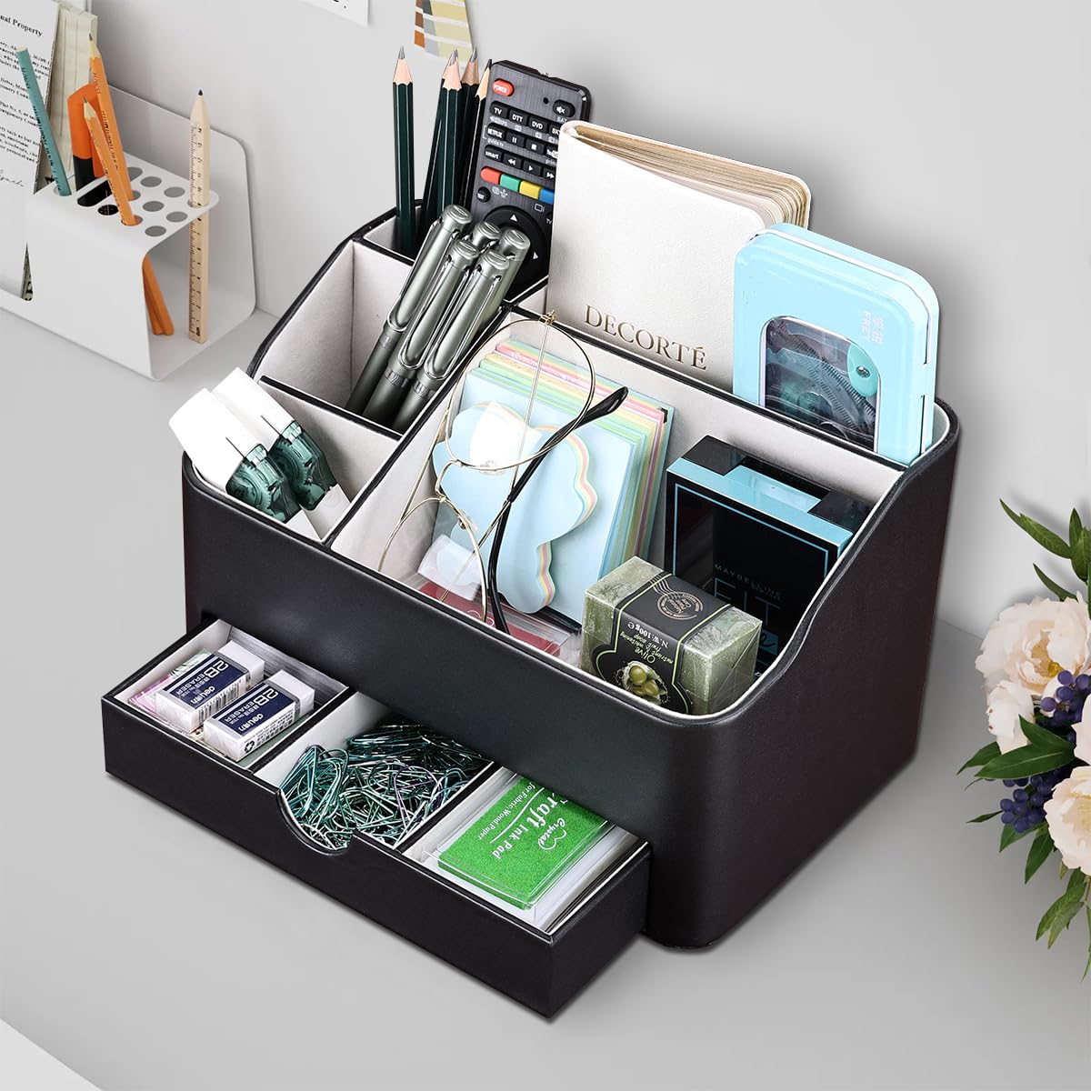KINGFOM Leather Makeup Organizer with Drawer, Cosmetic Storage for Dresser Countertop and Bathroom Vanity, Beauty Holder for Lipstick Brush Skincare, Mother’s Day Gift for Mom(Black)