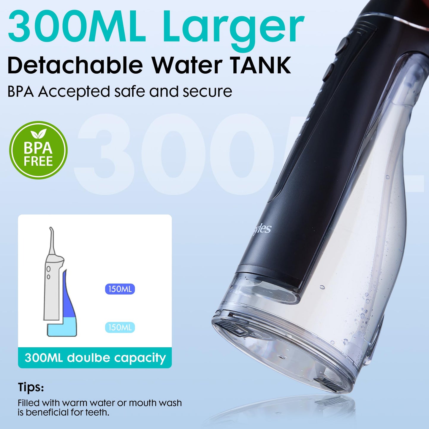 Cosyles Water Dental Flosser -Teeth Pick -With 9 Nozzels, 4 Modes, 300ML Tank - Oral Irrigator –IPX7 Waterproof Electric Water Flosser for Tonsil Stone, Teeth Cleaning, Travel-Friendly, Plaque Remove,