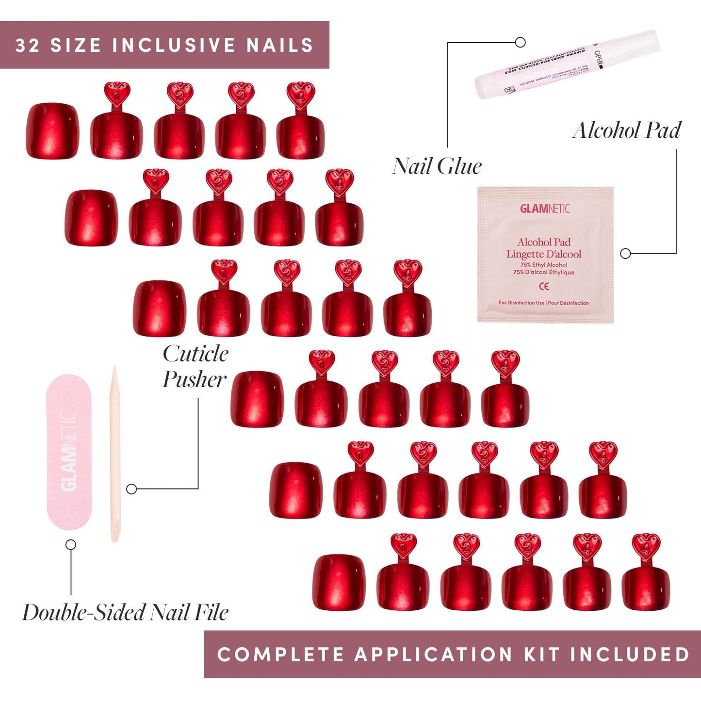 Glamnetic Press-On Nails - Cherry Glaze Short Round Bright Red Nails | 30-Piece Kit with Glue & 32 Toe Nails