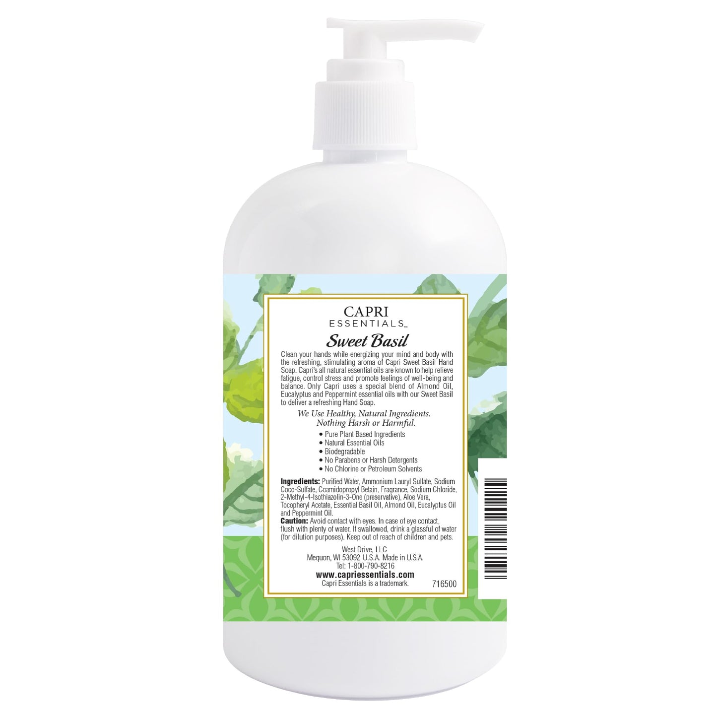 Capri Essentials Hand Soap Liquid, Natural Household Cleaning Supplies, Gentle Plant Based Aromatic Hand Wash with a Blend of Essential Oils, Removes Dirt & Grime, Sweet Basil Scent, 16 FL Oz (3 Pack)