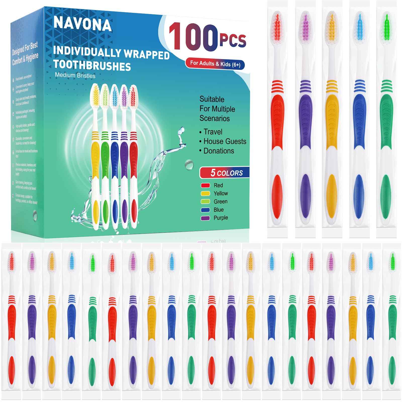 Navona 100 PCS Premium Individually Wrapped Bulk Toothbrush Pack, Disposable Toothbrushes, Kids Toothbrush, Medium Soft Bristle Toothbrushes, Ergonomics Handle, Perfect for Travel Hotel Donation