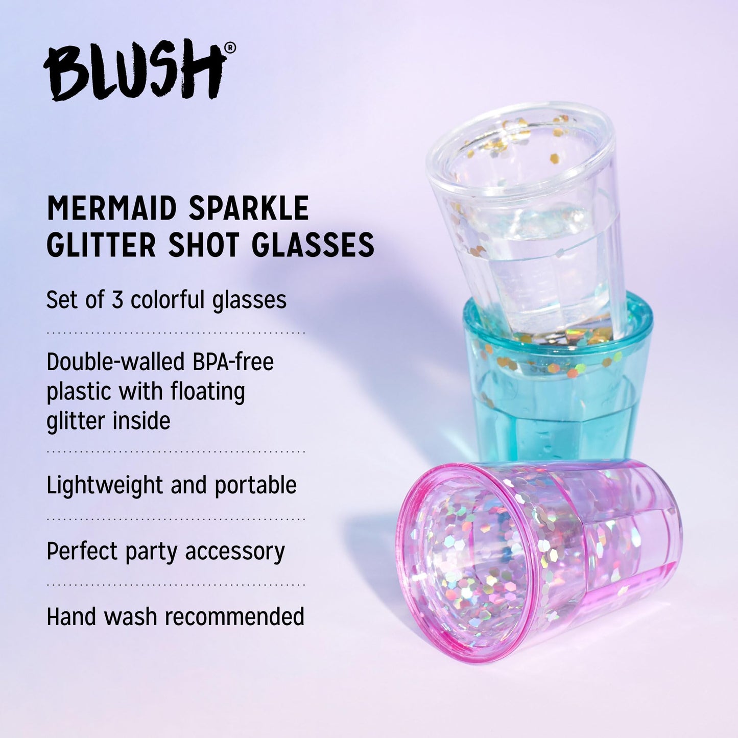 Blush Mermaid Glitter Fun Shot Glasses Set, Shooter Cups for Hosting Birthday Bachelorette, Party Essentials, Outdoor, 1.5 oz, Set of 3, Multicolor
