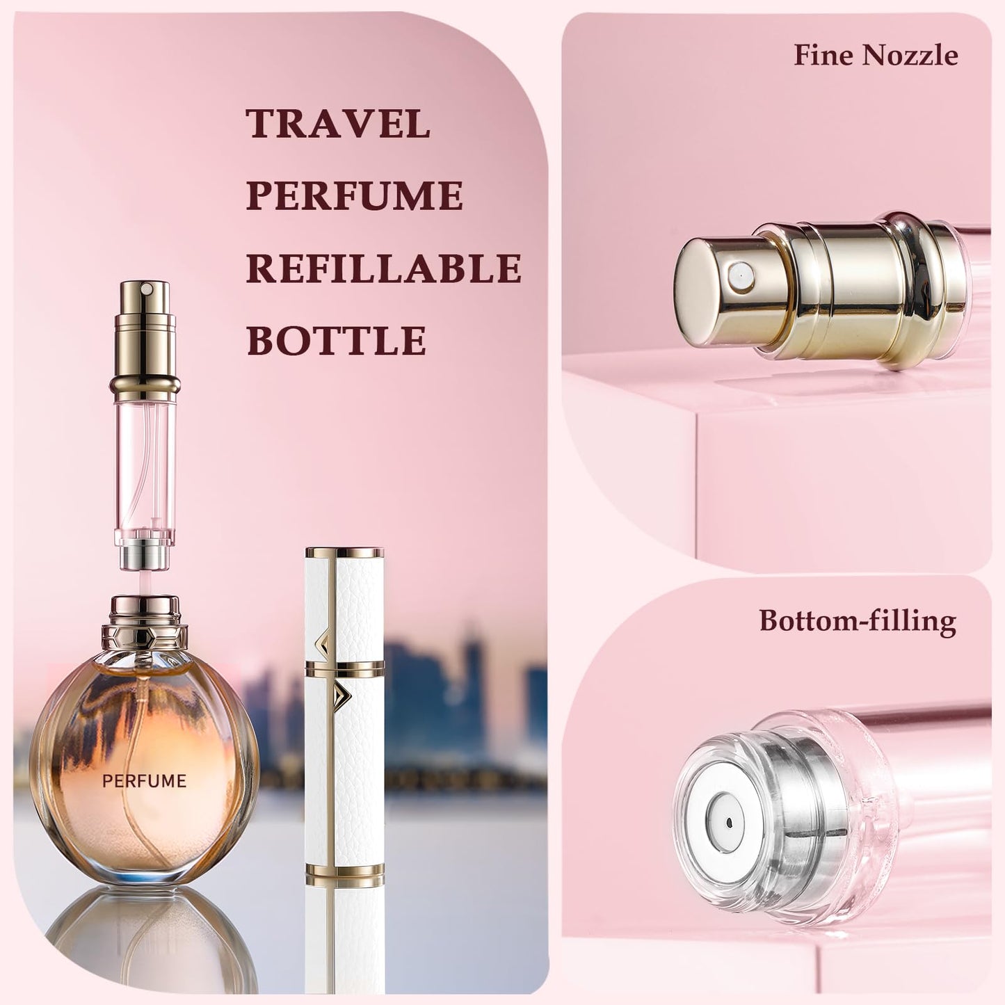 DIOHIO 5ml Perfume Atomizer Travel Refillable, 2PCS Perfume Travel Refillable Bottle,Bottom-Filling Fragrances Perfumes Bottle,Mini Cologne Dispenser,Lightweight Portable Sprayer（White-Pink）