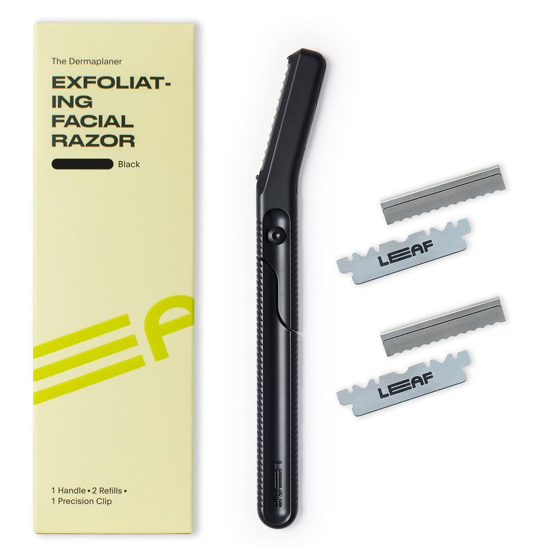 Leaf Shave | Leaf Dermaplaner, All-Metal Reusable Dermaplane Razor and Exfoliating Tool for Women, Includes Precision Clip and Two Refills - Black