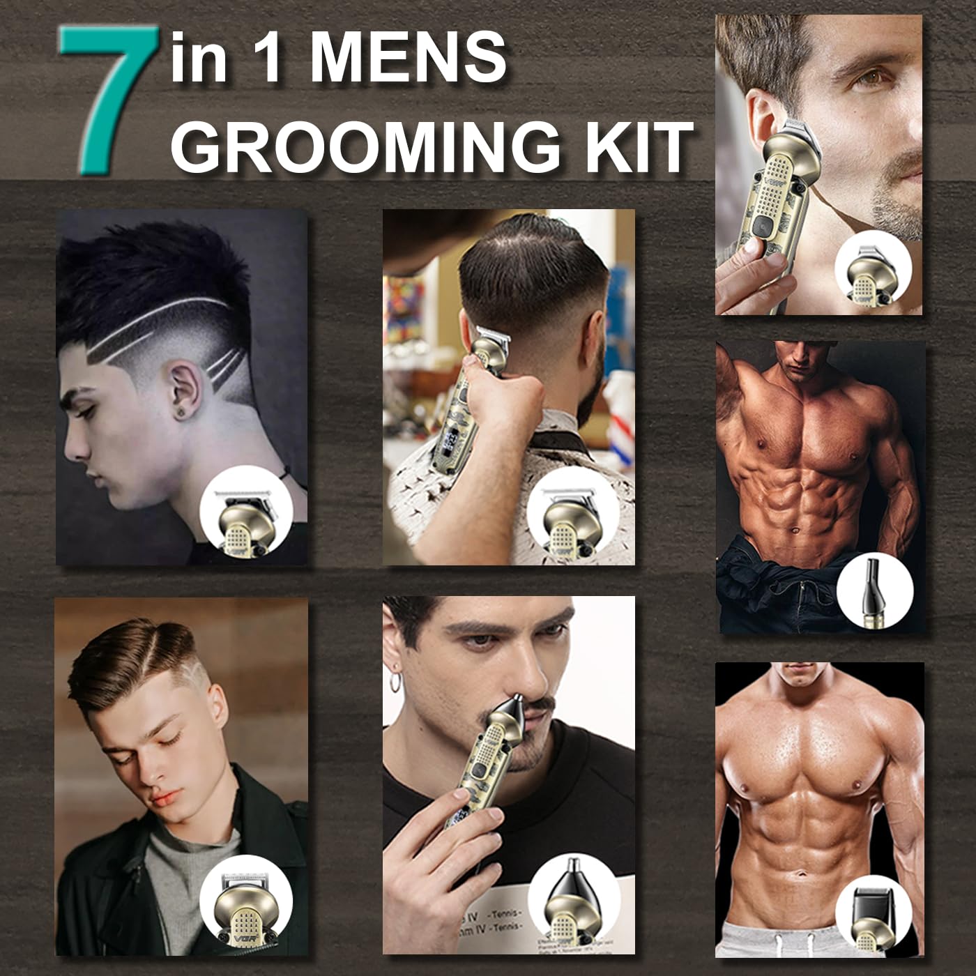 VGR 095 Beard Trimmer for Men, 7 in 1 Waterproof Cordless Hair Clippers and Trimmers Set, Electric Razor Shavers T-Blade Hair Trimmer Grooming Kit for Nose Body Ear Face Mustache, V-103