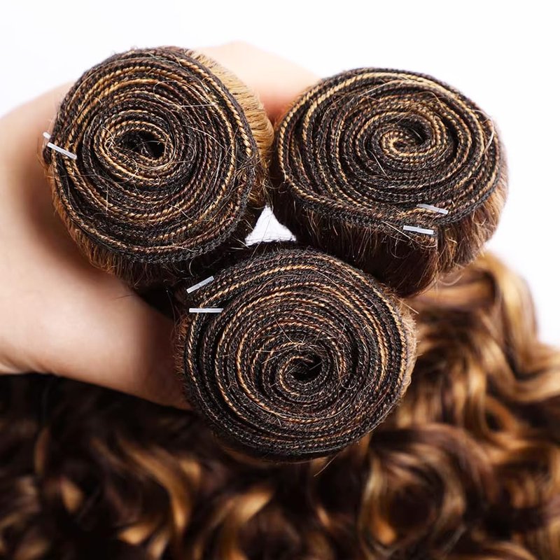 Biliisyff P4/27 Highlight Blonde Human Hair Bundles Ombre Brown Deep Wave 8 10 12 Inch Brazilian Virgin Remy Hair Extensions Two Tone Brown Mixed with Honey Blonde Soft and Silky