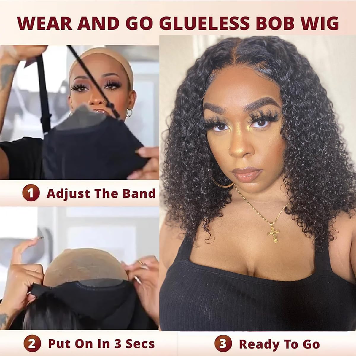 Maytune Wear and Go Glueless Wigs Human Hair Pre Plucked Pre Cut Deep Wave Bob Wigs for Black Women 4x4 Glueless Lace Closure Human Hair Curly Bob Wigs 10 Inch