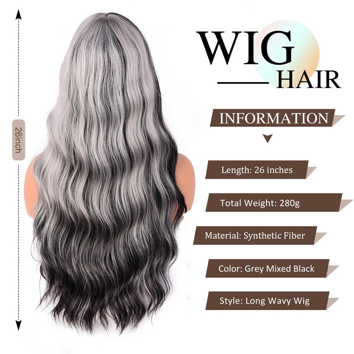 Grey Wig with Bangs - 26 Inch Long Wavy Synthetic Hair | Natural-Looking Heat-Resistant Style for Women