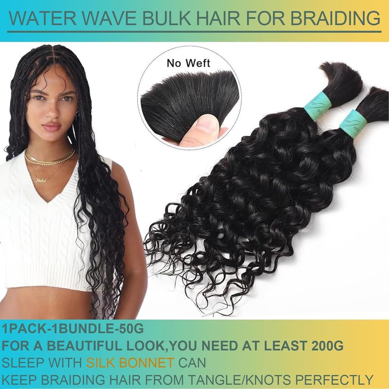 Human Hair for Boho Knotless Braids - 24-Inch Wet & Wavy Braiding Hair, Natural Black, 50g Bundle