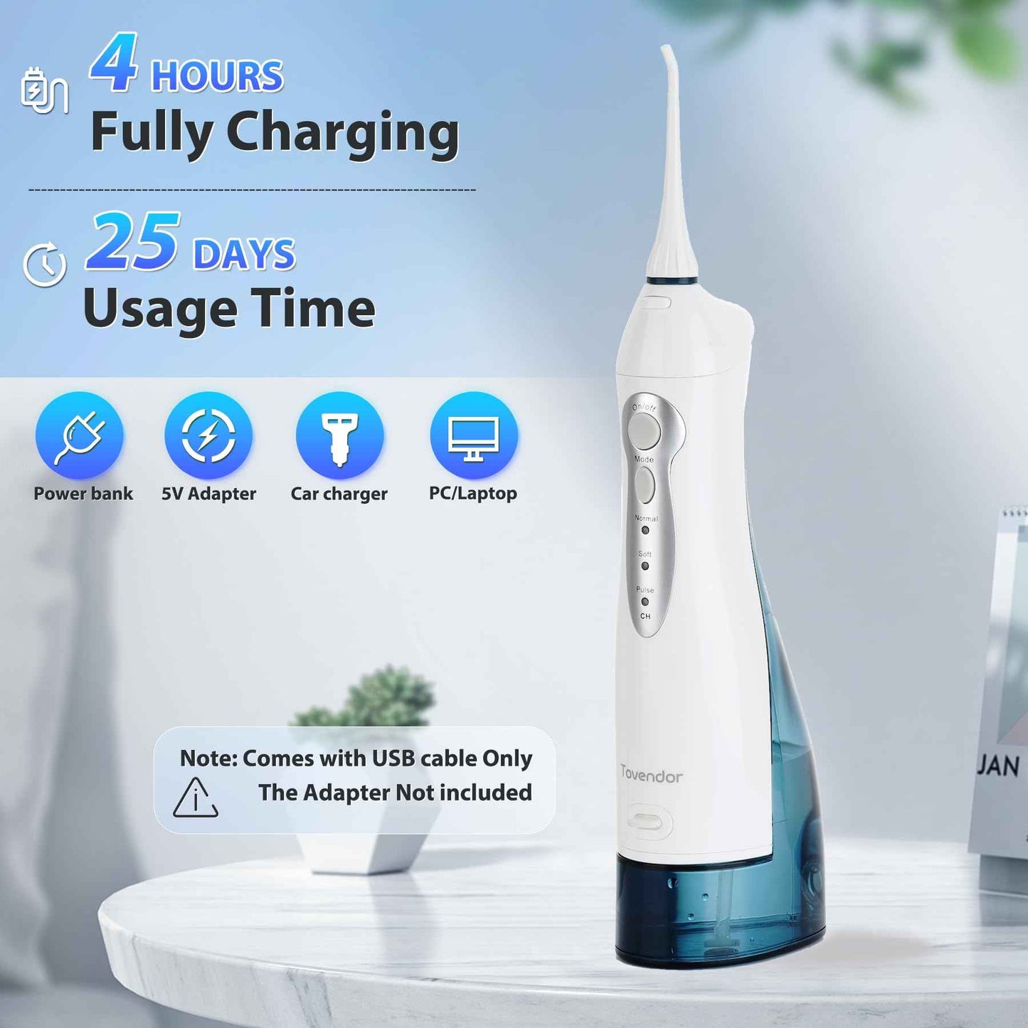 TOVENDOR Electric Water Flosser, Cordless Rechargeable Dental Oral Irrigator IPX7 Waterproof 300ML Travel Water Teeth Cleaner with 5 Tips for Braces Care Teeth Gums Cleaning, Home Office Daily Use