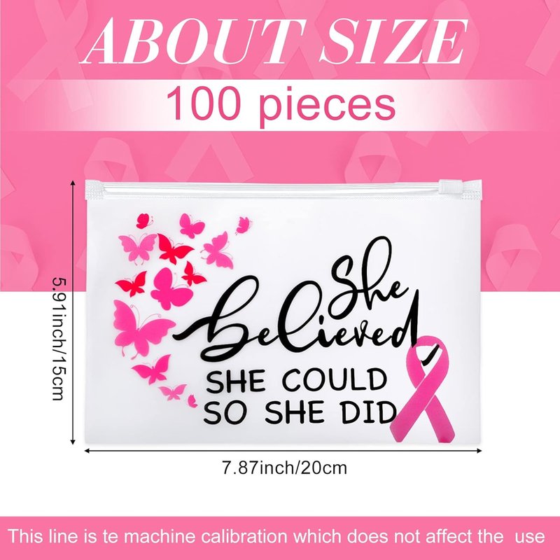 Breast Cancer Awareness Makeup Bags - Pink Ribbon Zippered Cosmetic Pouches | 100 Pieces, EVA Waterproof Toiletry Bags for Charity Events