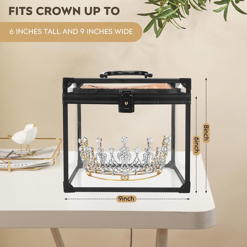 Donghome 9inches Wide Crown Boxes for Pageants Tiara Carrying Case with Sash Holder, Clear Acrylic Makeup Display Case,Toiletry and Cosmetic Organizer (Black, 230 * 230 * 205mm)