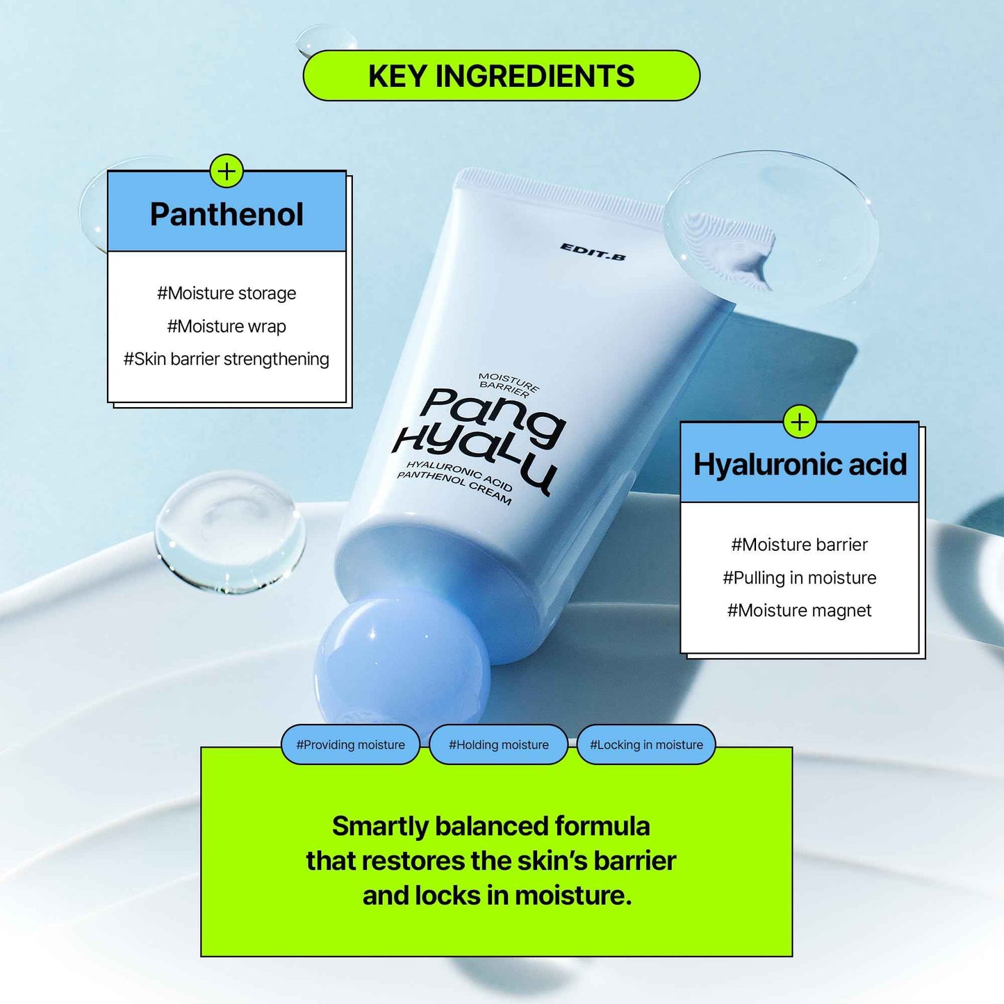 EDIT.B Moisture Barrier Pang Hyaluronic Acid Panthenol Cream, Long-Lasting Deep Hydration Lightweight Facial Moisturizing Cream, Soothing and Hydrating, Korean Daily Skin Care, 3.38 fl.oz (100ml)