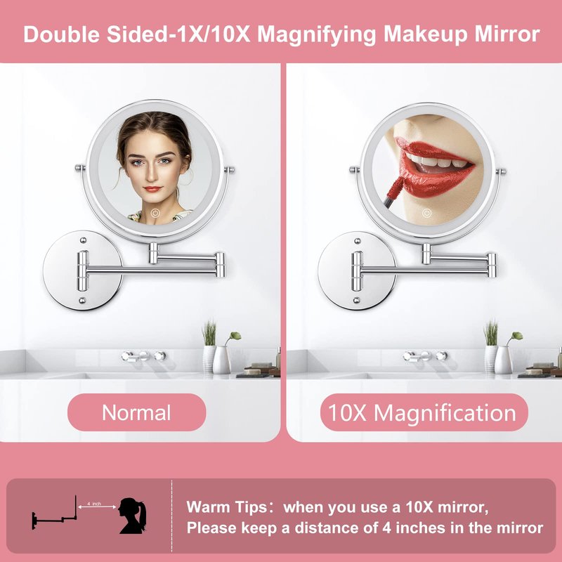 FFowcye 8" LED Wall Mounted Makeup Mirror, 1X/10X Magnifying Vanity Mirror with 3 Color Modes, 2000mAh Rechargeable 360° Swivel Extendable Arm, Polished Chrome for Bathroom Makeup, Shaving, Skincare