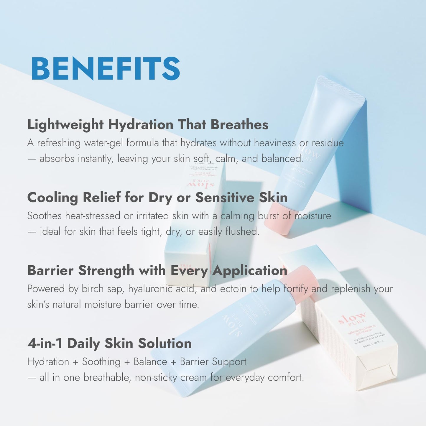 slowpure Splash Hydration Gel Cream - 65% Birch Sap, 7-Layer Hyaluronic Acid & Ectoin, Slow-aging Korean Skin Care Cooling Moisturizer for Instant Hydration and Barrier Care, 1.69 fl.oz