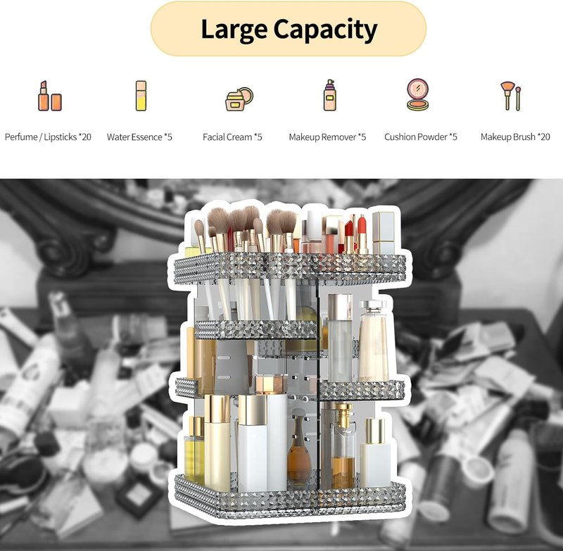 Large Capacity Rotating Makeup Organizer - Acrylic Cosmetic Display Case with Brush Holder | Grey