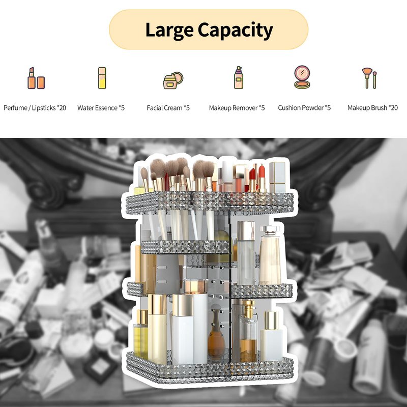 BOCONY Rotating Makeup Organizer, Large Capacity Cosmetic Display Case, Acrylic Skincare Organizer with Brush Holder, Makeup Storage Organizer for Dresser Countertop and Bathroom Vanity - Black
