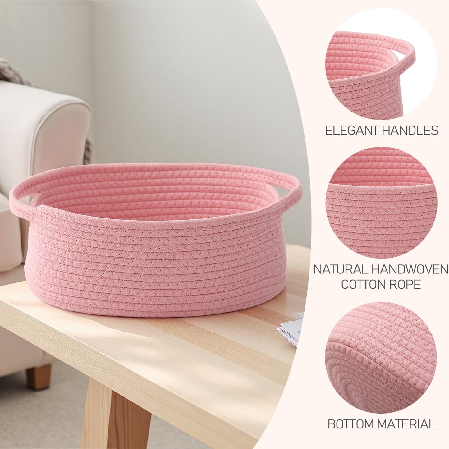 JMvicyroam Woven Basket,Small Rope Storage Bin with Handles & Ribbon Bag, Organizer for Shelves Closets,Gift Basket Empty for Birthday,Books,Dog Toys, Pink/2 Pack
