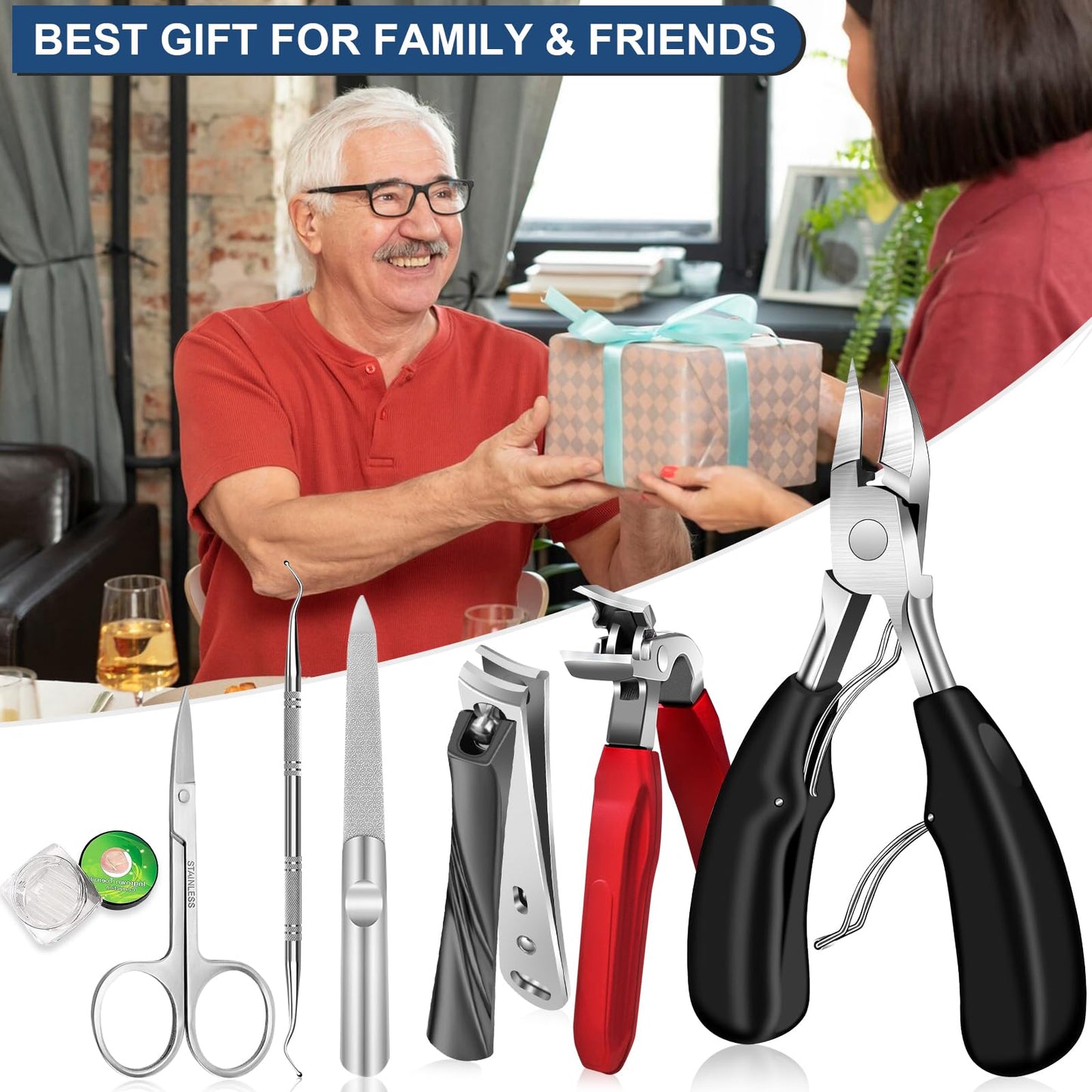 DUAIU 7Pcs Toenail Clippers for Thick Nails, Angled Head Large Nail Clippers for Senior, Heavy Duty Ingrown Toenail Clipper Sets with Wide Jaw, Sharp Nail Clipper Kits for Men and Women, Long Handle