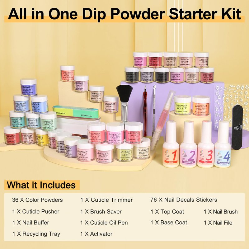 Lavender Violets Dip Powder Nail Kit - 48 Pcs with 36 Vibrant Colors & Essential Manicure Tools for Nail Art