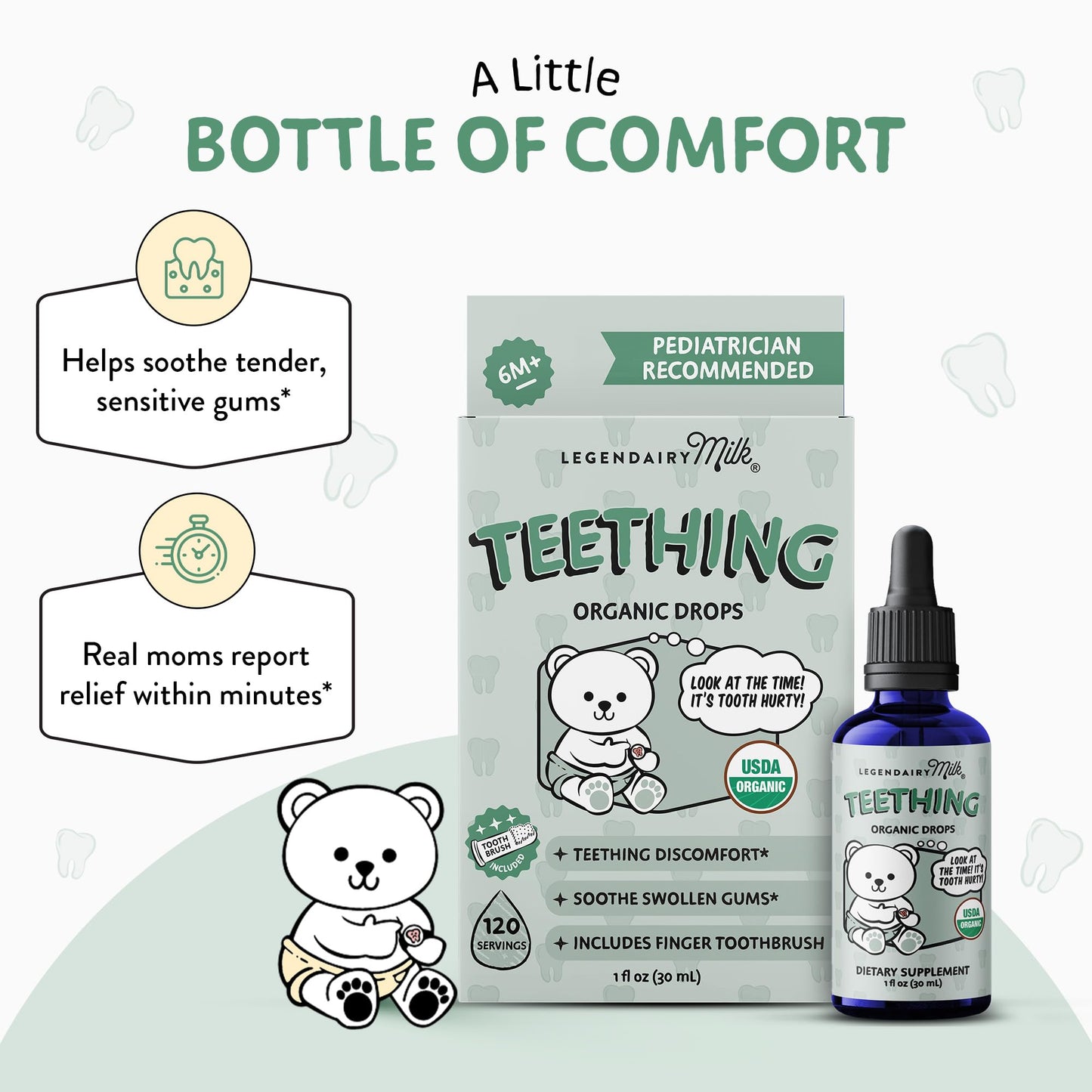 Legendairy Milk Organic Baby Teething Relief Drops with Silicone Toothbrush, Gum Relief for Babies & Toddlers 6 M+, Soothing Chamomile Clove Blend, Teething Gel Alternative, Sugar Free, 120 Servings