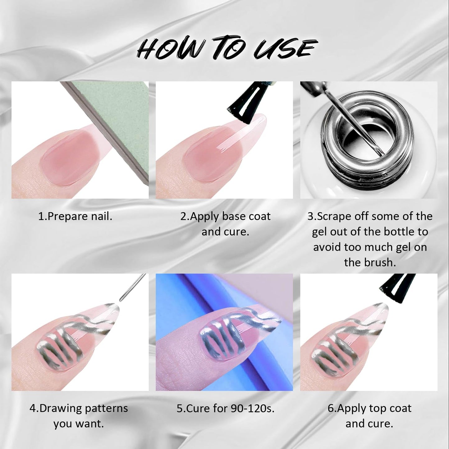 U-Shinein 2x12ml Metallic Mirror Nail Polish, Ultra Mirror Silver & Gold Metal Painted Drawing with Thin Brush, Chrome Gel Polish Nail Art Gel Liner Soak Off DIY