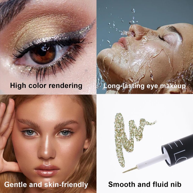 Glitter Liquid Eyeliner, 5 Colors Eyeliner Colorful Set, Shimmer Metallic Silver White, Gold Sparkling Eye Liner, Long Lasting Flare Eye Liner Liquid, Diamond Eye Makeup Set