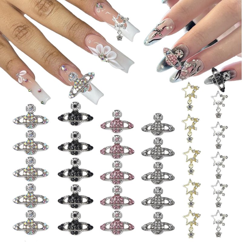 30PCS Planet Nail Charms 3D Star Gold and Silver Nail Charms for Acrylic Nails Y2K 3D Nail Rhinestones Gems Silver Nail Jewelry