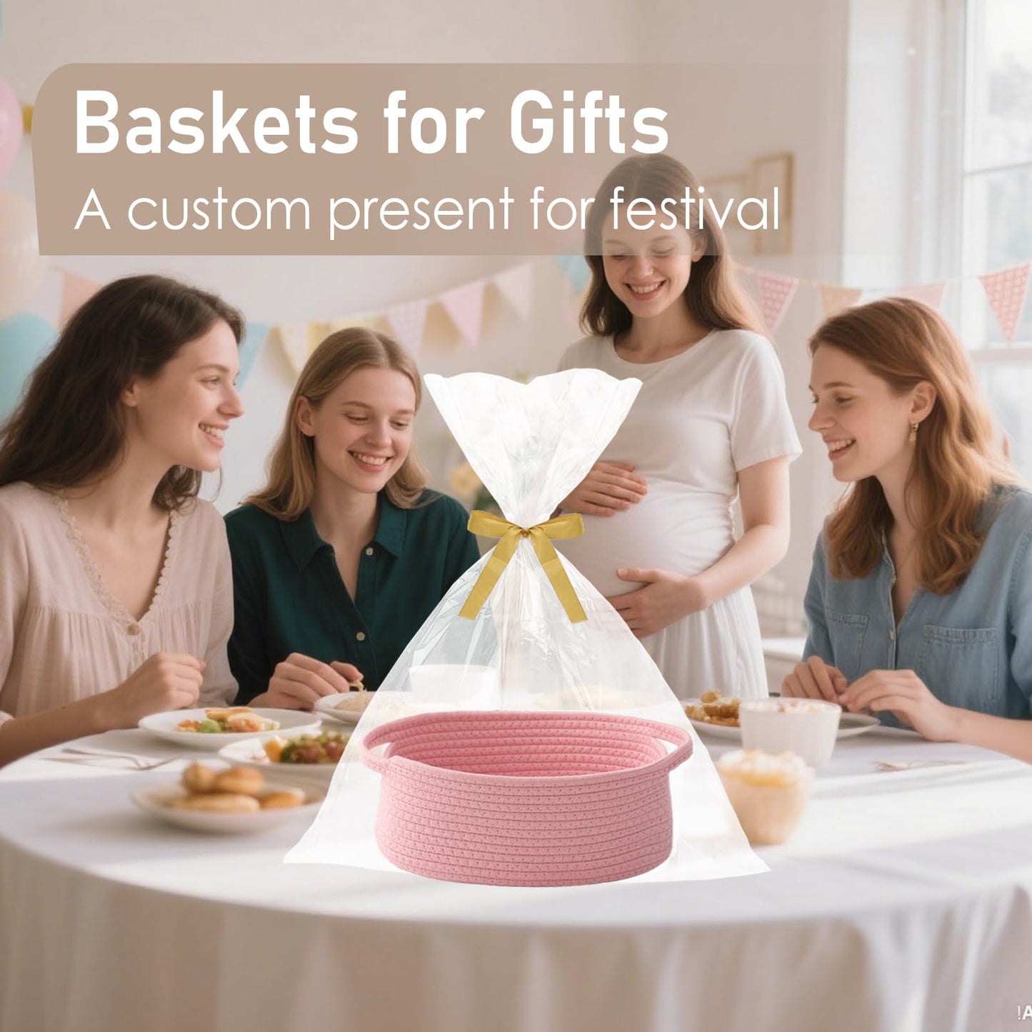 JMvicyroam Woven Basket,Small Rope Storage Bin with Handles & Ribbon Bag, Organizer for Shelves Closets,Gift Basket Empty for Birthday,Books,Dog Toys, Pink/2 Pack