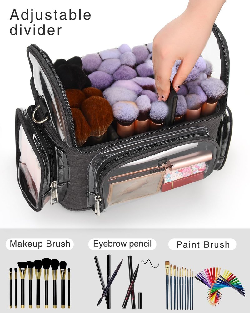 Clear Makeup Brush Case - Stand-Up Cosmetic Organizer for Professionals | Adjustable Divider & Strap - X-Large Black