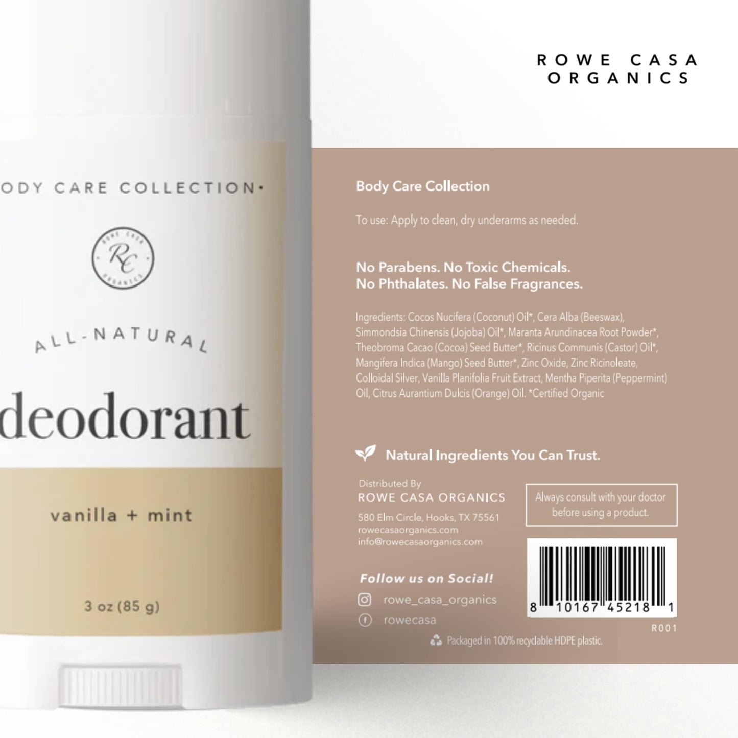 Rowe Casa Organics Vanilla + Mint Natural Aluminum Free Deodorant for Men and Women, Sweet and Refreshing Paraben-Free Deodorant Stick with Therapeutic-Grade Essential Oils, 2.75 oz