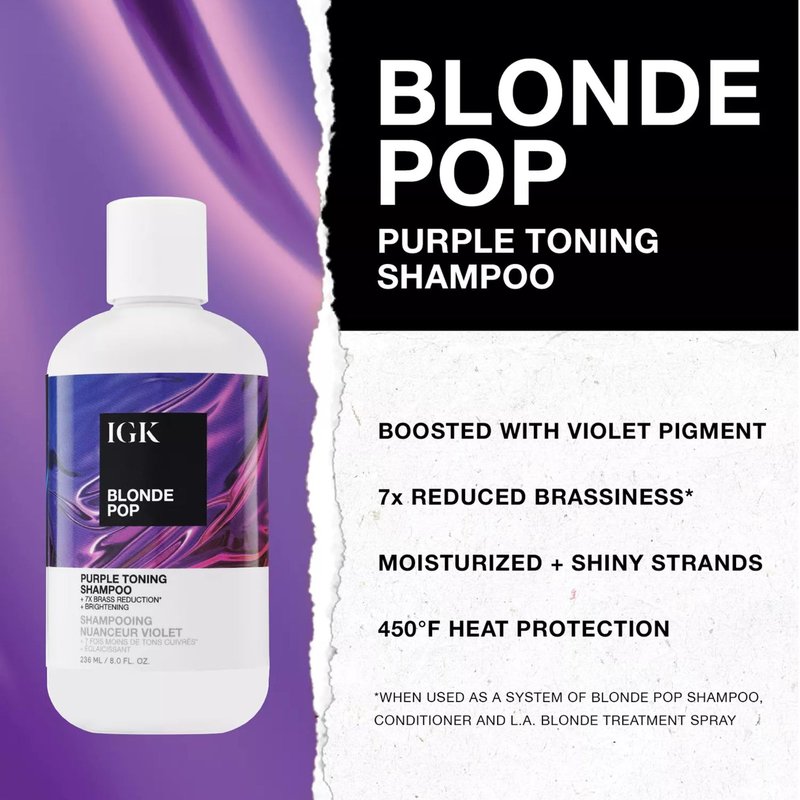 IGK BLONDE POP Purple Shampoo | Neutralizes Brass + Brightens Blonde | Toning Shampoo for Highlighted, Bleached & Color-Treated Hair | Vegan + Cruelty Free | 8 Oz