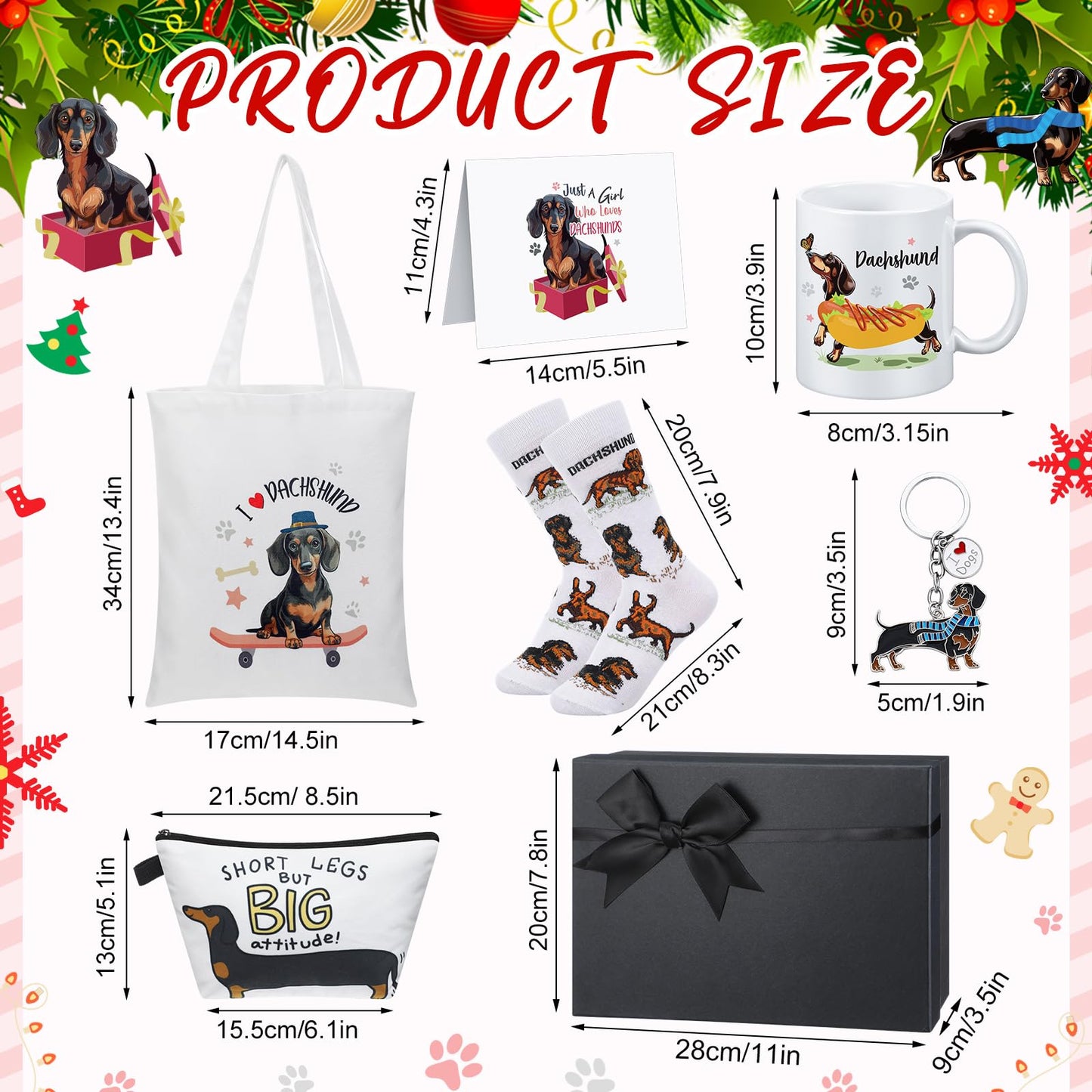 Didaey 7 Pcs Christmas Dachshund Gift Sets for Women Include Weiner Dog Keychain Cosmetic Bag Socks Mug Tote Bag Cards with Gift Box for Christmas Dachshund Lovers Gifts