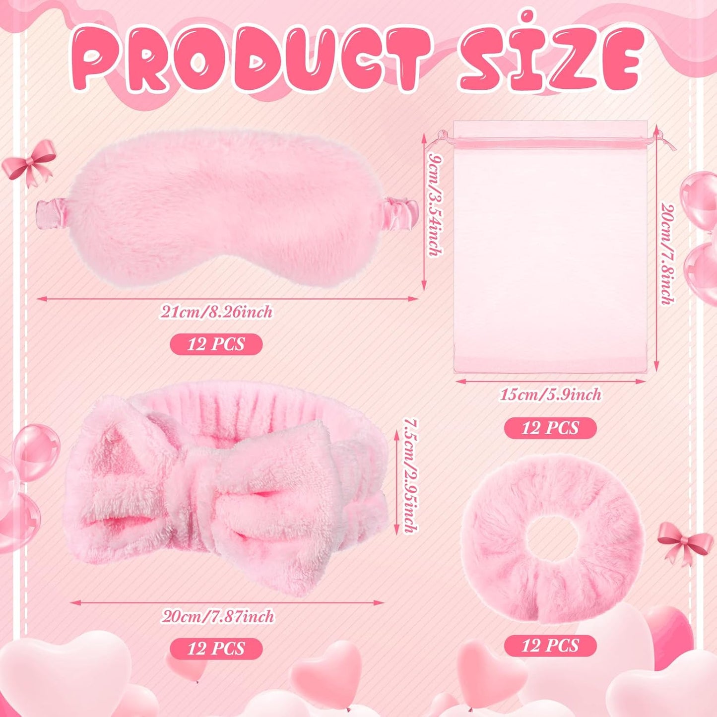 Mimorou Spa Party Supplies - 48-Piece Set with Headbands, Plush Eye Masks & Velvet Scrunchies | Pink