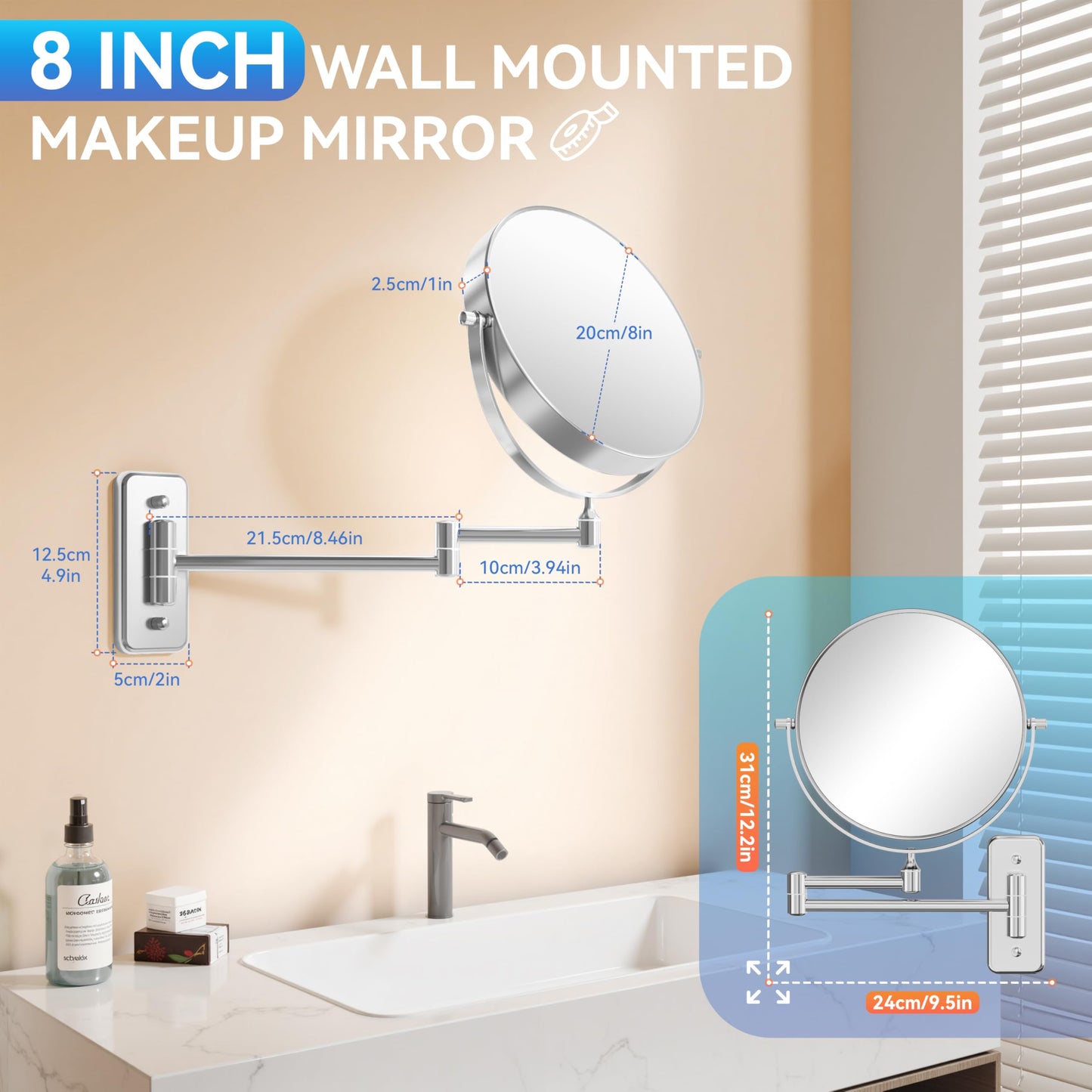 Auxmir 8'' Wall Mounted Makeup Mirror, 1X/30X Double-Sided Magnifying Mirror with Tweezer, HD Bathroom Makeup Mirror, Cosmetic Vanity Mirror with 360 Rotation Extendable Swivel Arm, Chrome