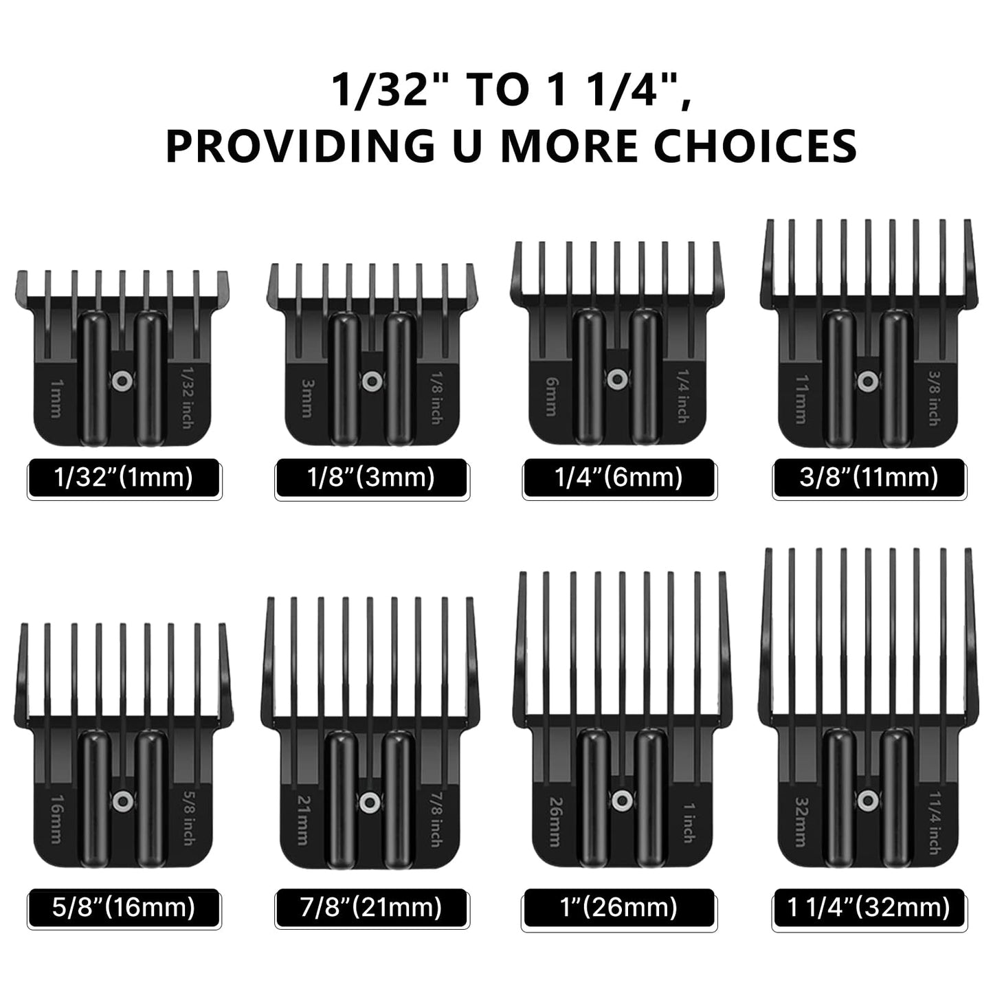 8 Pack Clipper Guards for Wahl Detailer & Andis T Outliner & BaByliss PRO, 1/32" to 11/4" Universal Hair Clipper Guards Set, Snap-on Blade Attachment Combs with Springs for Most Hair Clippers, Black