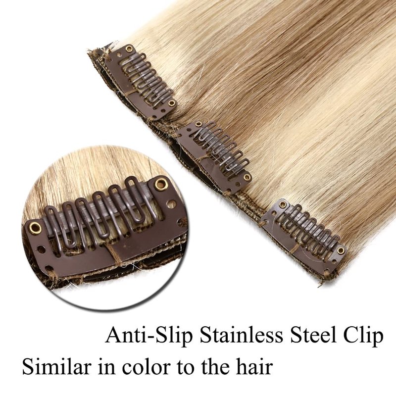 Clip-In Hair Extensions - Real Human Hair Balayage Golden Brown & Bleach Blonde | 12 Inch, 55g, 8pcs Weft for Full Head