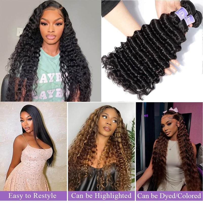 UDesire Deep Wave Human Hair Bundles 24Inch 12 A Brazilian Deep Wave Bundles Human Hair 100% Unprocessed Virgin Hair Deep Curly Weave Extensions