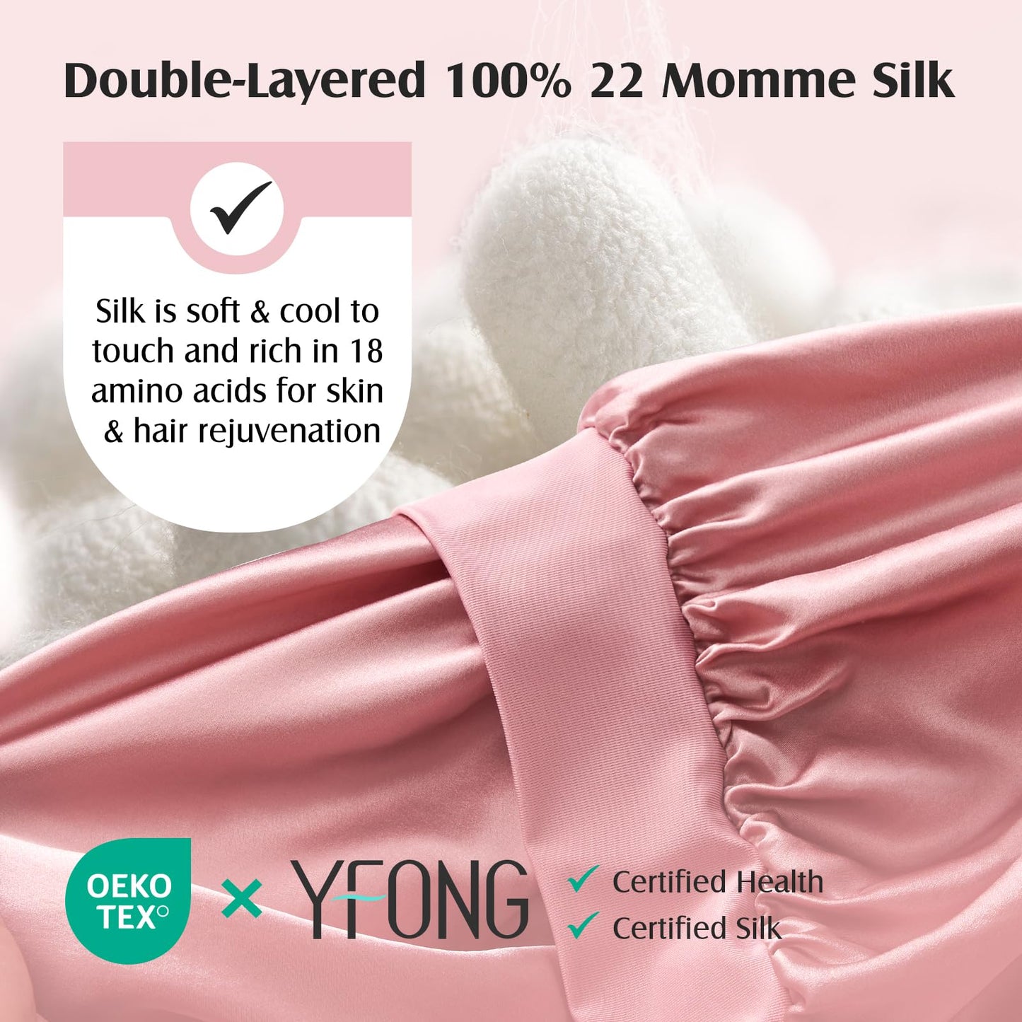 YFONG 100% 22 Momme Mulberry Silk Bonnet for Sleeping Women, Larger Double Layer Silk Hair Wrap for Curly Short Long Hair, Non-Slip Sleep Cap Turban with Elastic Tie Band for Hair Care, Pink