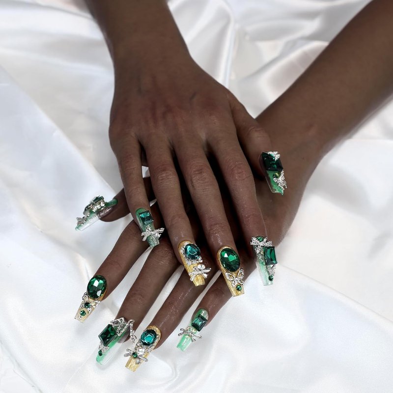 Emerald Green Press-On Nails Set - Dramatic Butterfly Design with Rhinestones | Easy Application & Gentle on Nails