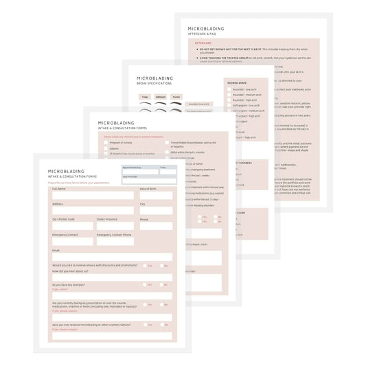 Microblading Client Paper Intake Forms| Consent Intake Consultation Aftercare | Brow Shape Notes for Tech | 100pk 25 Each | Paper Size 8.5 x 11” Medical History and Stages of Healing PMU in Tan