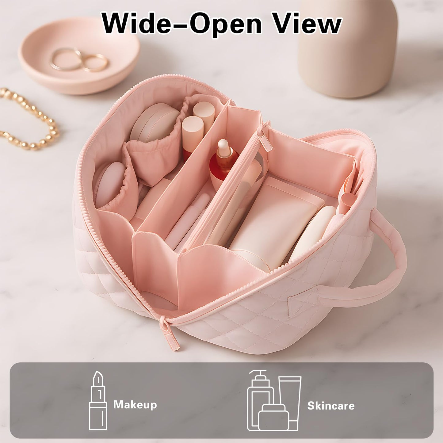 Makeup Bag Travel Toiletry Bag, Puffy Padded Make Up Bags for Women, Waterproof Cosmetic Organizer, Makeup Organizer Wide-open Pouch Purse, Travel Essentials for Toiletries Accessories Storage (Pink)